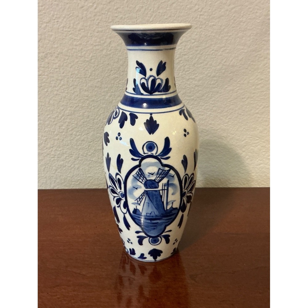 Vintage Delft Blue & White Hand Painted 8.5 X 3.5" Vase Holland Windmill Design